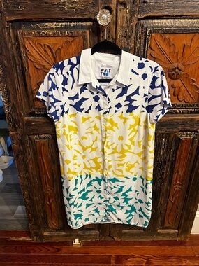 WHIT Short-Sleeve Button-Front Shirt in White, Blue, Yellow & Teal